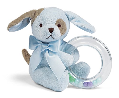 Bearington Baby Waggles Plush Stuffed Animal Blue Puppy Dog Shaker Toy Ring Rattle, 5″