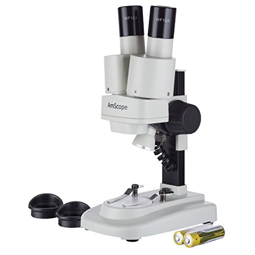 AMSCOPE-KIDS SE100ZZ-LED Portable Binocular Stereo Microscope, WF10X and WF25x Eyepieces, 20X and 50X Magnification, 2X Objective, LED Light Source, Reversible Black/White Stage Plate, Battery-Powered