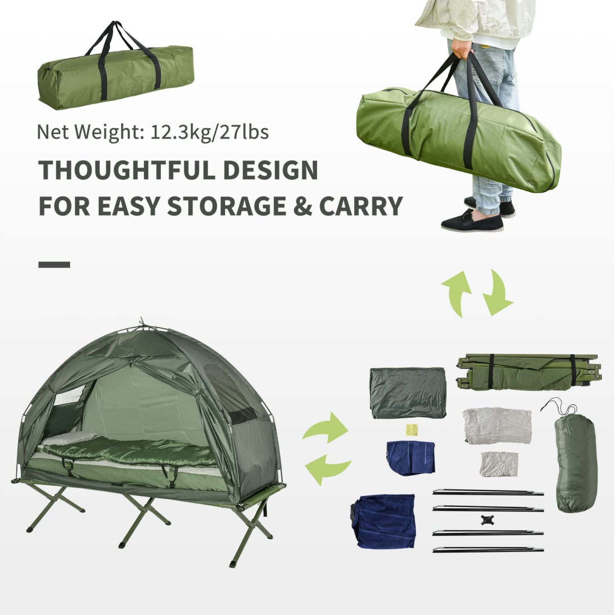 Outsunny Multifunctional Folding Camping Cots for Adults, Elevated Tent with Sleeping Bag, Thick Air Mattress Pad, Portable Single Sleeping Cot Camping Bed | The Storepaperoomates Retail Market - Fast Affordable Shopping
