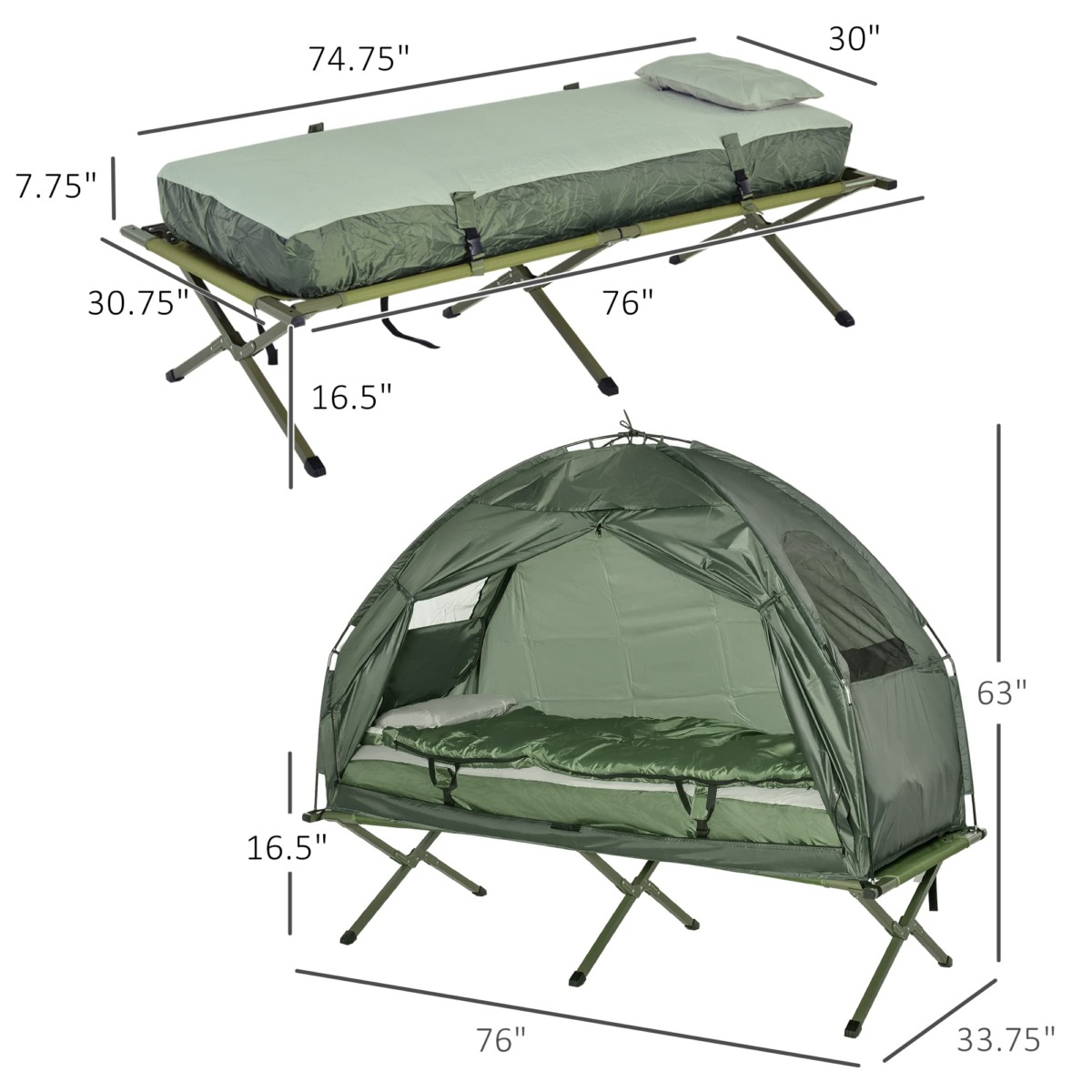 Outsunny Multifunctional Folding Camping Cots for Adults, Elevated Tent with Sleeping Bag, Thick Air Mattress Pad, Portable Single Sleeping Cot Camping Bed | The Storepaperoomates Retail Market - Fast Affordable Shopping