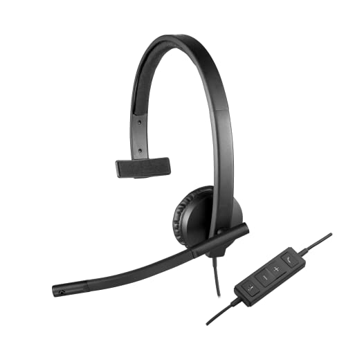 Logitech H570e Wired Headset, Mono Headphones with Noise-Cancelling Microphone, USB, In-Line Controls with Mute Button, Indicator LED, PC/Mac/Laptop – Black
