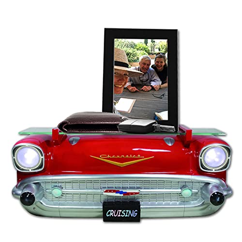SUNBELTGIFTS 1957 Chevy Bel Air Car Floating Shelf, Red, Working LED Headlights 3 AA Batteries, 20.0 x 6.1 x 8.0 inches, 8.0 pounds, Tempered Glass Shelf, Recessed Brackets.