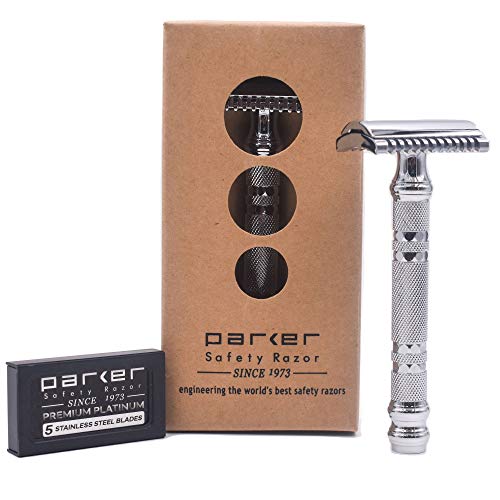 Parker Safety Razor, 24C Three Piece Open Comb Double Edge Razor with Heavyweight Chrome Plated Brass Handle- 5 Premium Parker Safety Razor Blades Included