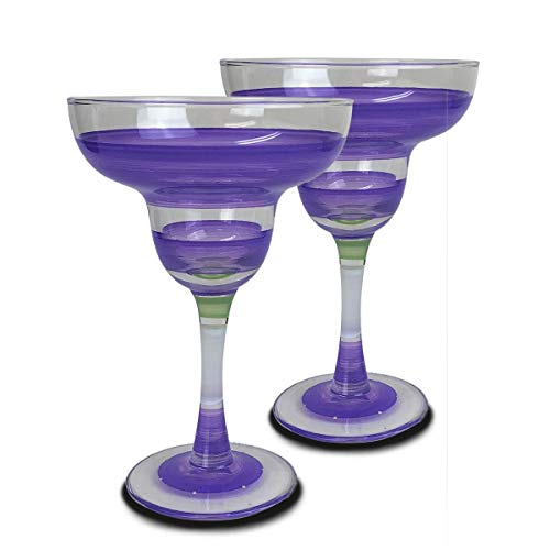 Golden Hill Studio Hand Painted Margarita Glasses Set of 2 – Cape Cod Cottage Purple Collection – Hand Painted Glassware by USA Artists – Unique and Decorative Margarita Glasses, Kitchen Table Décor