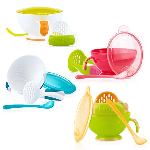 Nuby Garden Fresh Mash N’ Feed Bowl with Spoon and Food Masher, Colors May Vary