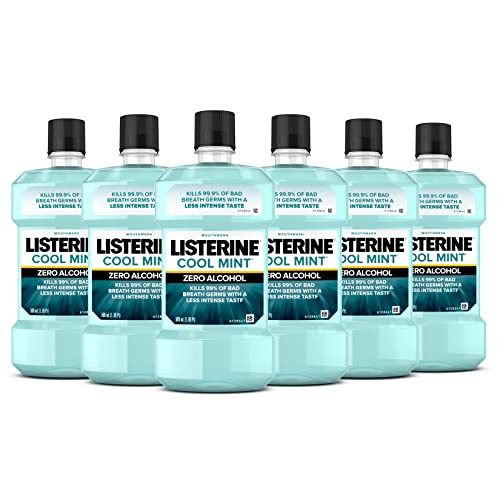 Listerine Cool Mint Zero Alcohol Mouthwash, Less Intense Alcohol-Free Oral Care Formula for Bad Breath, Cool Mint Flavor, 500 ml (Pack of 6)