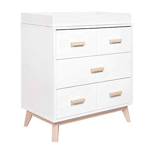 Babyletto Scoot 3-Drawer Changer Dresser with Removable Changing Tray in White and Washed Natural, Greenguard Gold Certified