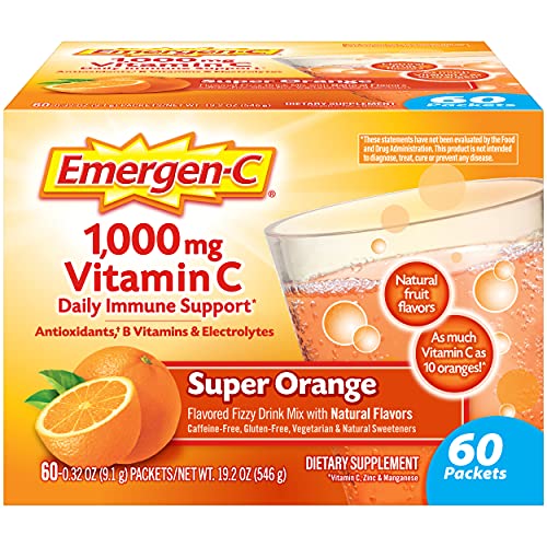 Emergen-C 1000mg Vitamin C Powder for Daily Immune Support Caffeine Free Vitamin C Supplements with Zinc and Manganese, B Vitamins and Electrolytes, Super Orange Flavor – 60 Count/2 Month Supply