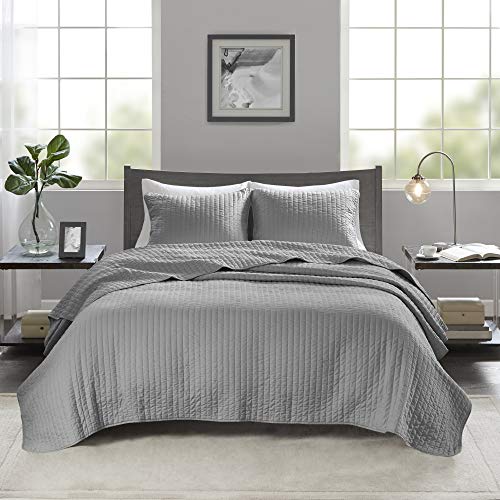 Madison Park Keaton Quilt Set-Casual Channel Stitching Design All Season, Lightweight Coverlet Bedspread Bedding, Shams, King/Cal King(104″x94″), Stripe Grey, 3 Piece