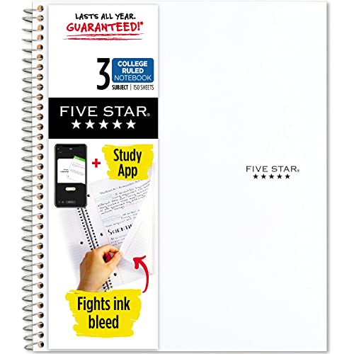 Five Star Spiral Notebook + Study App, 3-Subject, College Ruled Paper, Fights Ink Bleed, Water Resistant Cover, 8-1/2″ x 11″, 150 Sheets, White (72464)