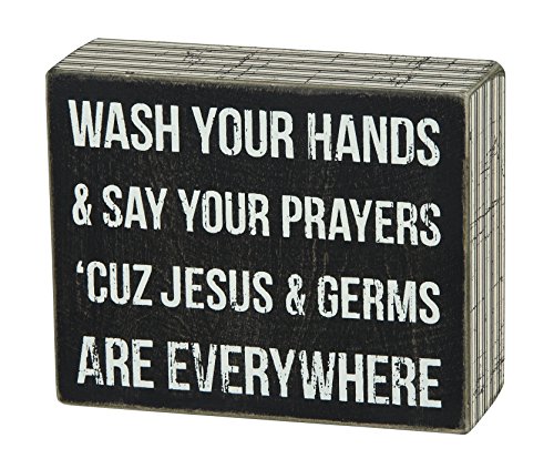 Primitives by Kathy Pinstripe Trimmed Box Sign, 4-Inch by 5-Inch, Jesus & Germs