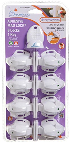 Dreambaby Adhesive Mag locks (8-Pack 1 Key) – Child Proofing Cabinet Magnetic Latches – White- Model L859