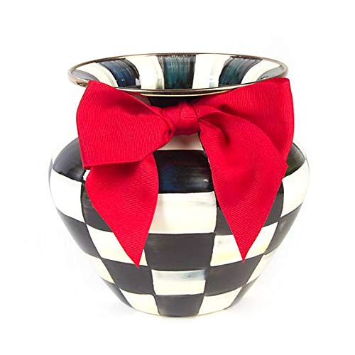 MacKenzie-Childs Courtly Check Enamel Large Vase – White and Black – Home Office Party Wedding Decoration – Ribbon Bow – 7.5″ dia., 7″ tall