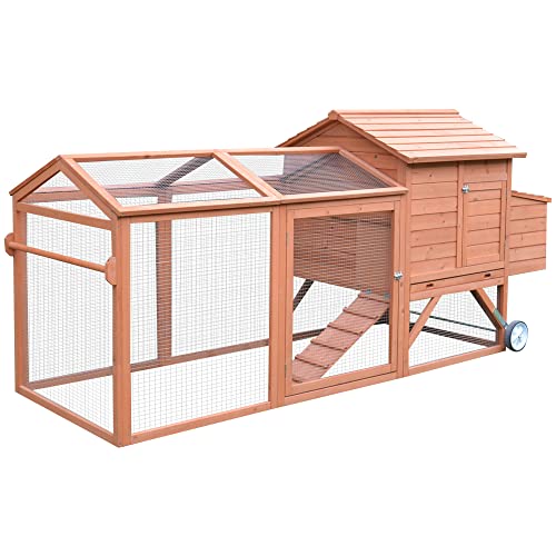 PawHut 96.5″ Chicken Coop Wooden Hen House Rabbit Hutch Poultry Cage Pen Portable Backyard With Wheels Outdoor Run and Nesting Box Natural