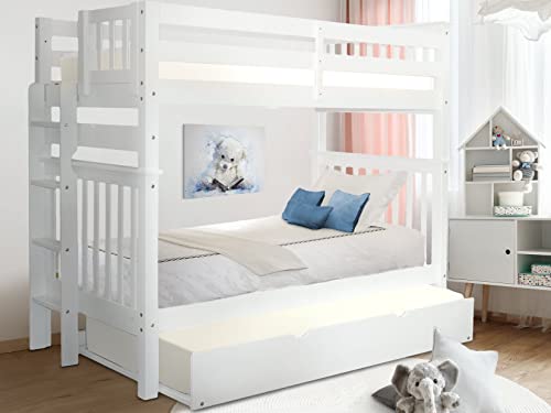 Bedz King Tall Bunk Beds Twin over Twin Mission Style with End Ladder and a Twin Trundle, White