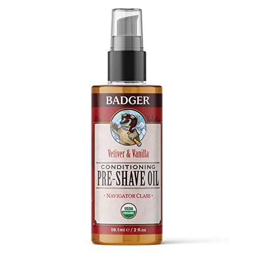 Badger – Pre-Shave Oil, Extra Virgin Olive Oil & Baobab Oil, Certified Organic Shaving Oil for Razor Burn, Pre Shave Oil for Men, Shaving Oil for Men, Preshave Oil, 2 fl oz Glass Bottle