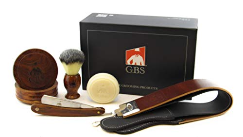 G.B.S Complete Professional Wet Shave Kit Shaving Set- Shave Box Includes 5/8″ Inch Carbon Steel Straight Razor with Wooden Handle, Synthetic Hair Shave Brush, Wood Shave Soap Bowl