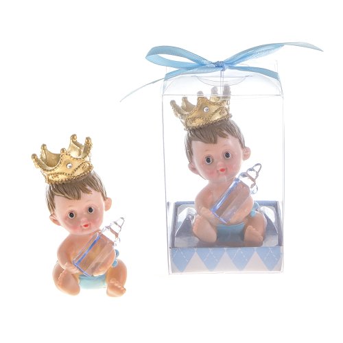 Lunaura Baby Keepsake – Set of 12″Boy” Baby Wearing Crown Holding Baby Bottle Favors – Blue