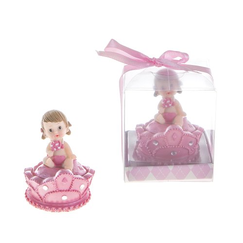Lunaura Baby Keepsake – Set of 12″Girl” Baby Sitting on Top of Crown Bear Favors – Pink