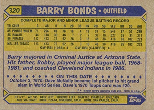 1987 Topps Baseball #320 Barry Bonds Rookie Card | The Storepaperoomates Retail Market - Fast Affordable Shopping