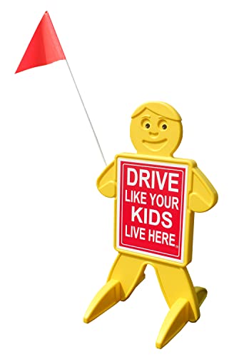 Drive Like Your Kids Live Here Safety Kid Sign + Please Slow Down Sign on Reverse Side- Bright Yellow with Tall Flag for High Visibility