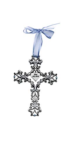 Cathedral Art (Abbey & CA Gift Bless This Child Blue Ribbon Baby Cross, 5-Inch High, Silver