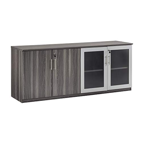 Safco Products Medina Modern Office Storage Wall Cabinet with Wood and Glass Doors, 72″W x 20″D x 29 1/2″H, Gray Steel