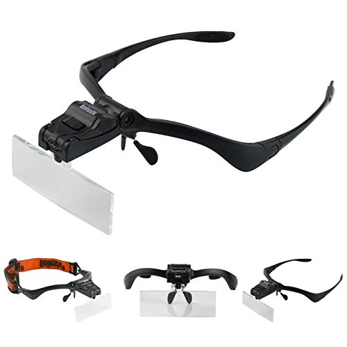 Beileshi Headhand Magnifier Glasses With 2 LED Professional Jeweler’s Loupe Light Bracket and Headband are Interchangeable 5Lens Glass Magnifying Visor