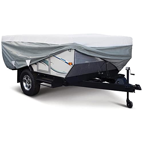 Classic Accessories Over Drive PolyPRO3 Folding Camping Trailer Cover, Fits up to 8′ 6″L, Camper RV Cover, Customizable Fit, Water-Resistant, All Season Protection for Motorhome, Grey/Snow White