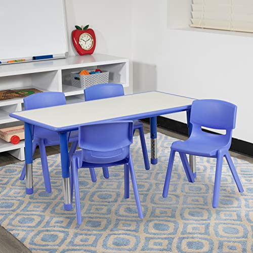 Flash Furniture 23.625”W x 47.25”L Rectangular Blue Plastic Height Adjustable Activity Table Set with 4 Chairs