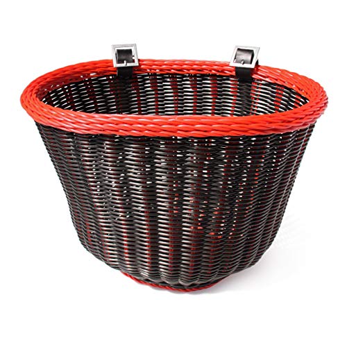 Colorbasket 01358 Adult Front Handlebar Bike Basket, All Weather, Water Resistant, Adjustable Leather Straps, Black with Red Trim