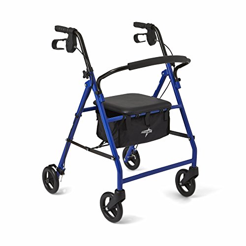 Medline Steel Foldable Adult Transport Rollator Mobility Walker with 6” Wheels, Blue