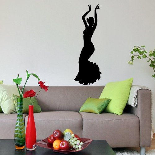 Girl in Dress Woman Dancing Silhouette Flamenco Wall Vinyl Decals Art Sticker Home Modern Stylish Interior Decor for Any Room Smooth and Flat Surfaces Housewares Murals Design Window Graphic Dance Studio Bedroom Living Room (5111)