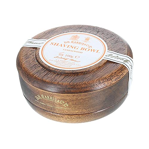 D R Harris Wooden Shaving Bowl + Soap 100g-Sandalwood-Mahogany Effect