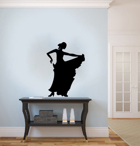 Girl in Dress Woman Dancing Silhouette Flamenco Wall Vinyl Decals Art Sticker Home Modern Stylish Interior Decor for Any Room Smooth and Flat Surfaces Housewares Murals Design Window Graphic Dance Studio Bedroom Living Room (5102)