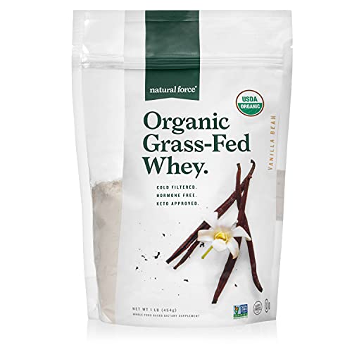 Natural Force Grass Fed Organic Whey Protein Powder – Non GMO Verified, Humane Certified & Lab Tested for Toxins – Real Vanilla Flavor – Keto Friendly, Low Carb, and Kosher – 16 Ounce A2 Protein