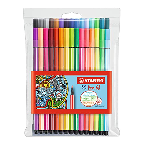 Premium Felt Tip Pen – STABILO Pen 68 – Wallet of 30 – Assorted colors incl 6 Neon