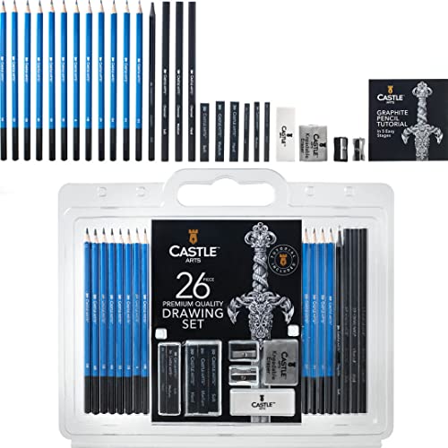 Castle Art Supplies 26 Piece Drawing and Sketching Art Set: Perfect for Beginners, Kids or Any Aspiring Artist – Includes Graphite Pencils and Sticks, Charcoal Pencils, Erasers and Sharpeners
