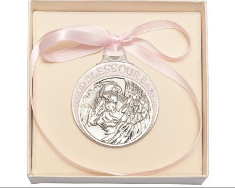 Baby with Guardian Angel Pewter Crib Medal with Pink Ribbon – Boxed