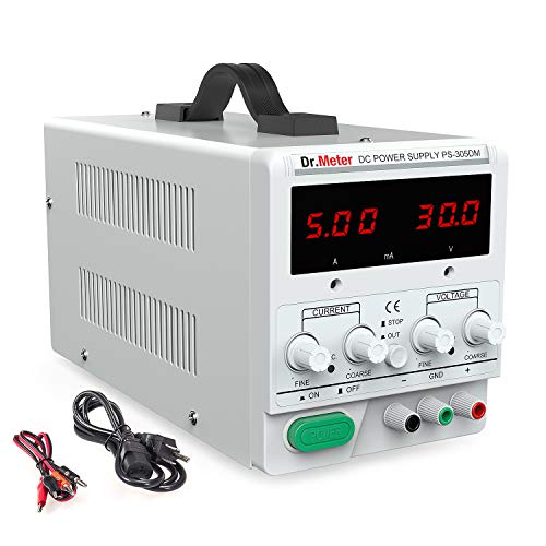 Dr.meter DC Power Supply, 30V 5A Adjustable Switching Regulated DC Bench Linear Power Supply with Alligator Leads and 3 LED Digital Display, Variable Power Supply with US 3-Prong Cable