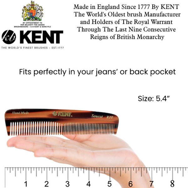 Kent R7T Small Fine/Wide Tooth Comb, Double Tooth Hair Pocket Comb for Hair, Beard and Mustache, Coarse/Fine Hair Grooming Comb for Men, Women and Kids. Saw Cut Hand Polished. Handmade in England