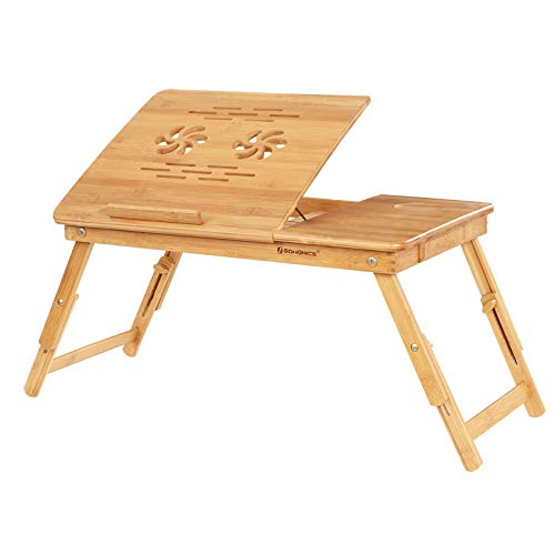 SONGMICS Bamboo Laptop Desk Serving Bed Tray Breakfast Table Tilting Top with Drawer