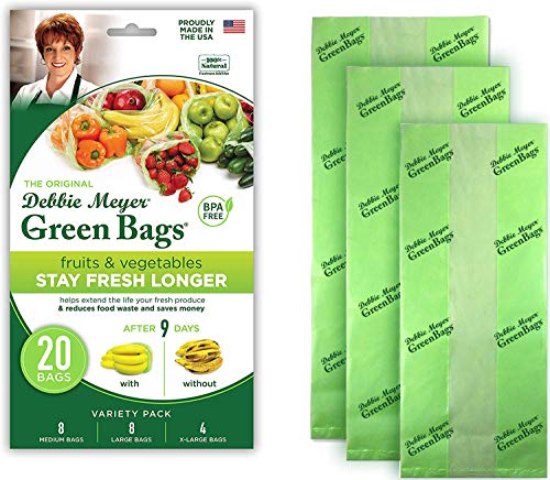 Debbie Meyer GreenBags 20-Pack (8M, 8L, 4XL) – Keeps Fruits, Vegetables, and Cut Flowers, Fresh Longer, Reusable, BPA Free, Made in USA