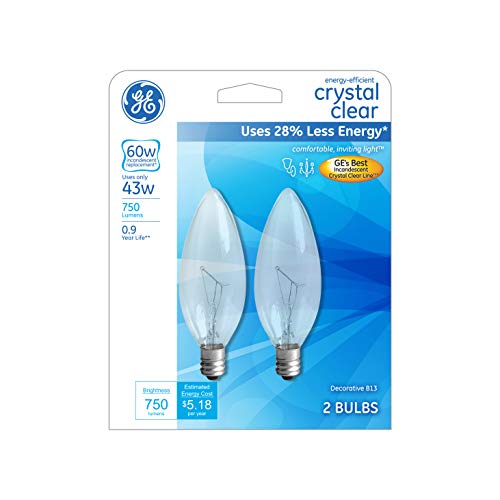 GE Lighting Medium 60271 Energy-Efficient Crystal Clear 43-watt 750-Lumen B13 Light Bulb Base, 2-Pack, 2 Count (Pack of 2)