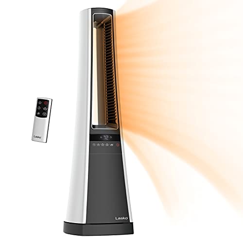 Lasko Oscillating Bladeless Ceramic Tower Space Heater for Home with Enhanced Safety, Adjustable Thermostat, Filter, Timer and Remote Control, 27 Inches, Silver, 1500W, AW300