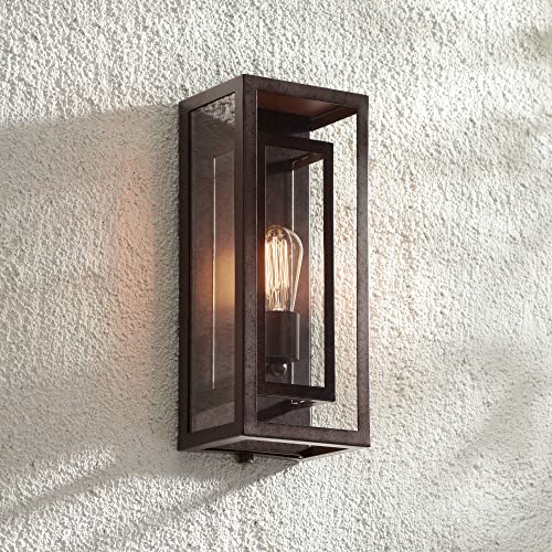 Possini Euro Design Double Box Modern Industrial Farmhouse Rustic Outdoor Wall Light Fixture Bronze 15 1/2″ Clear Glass for Exterior Barn Deck House Porch Yard Patio Outside Garage Front Door