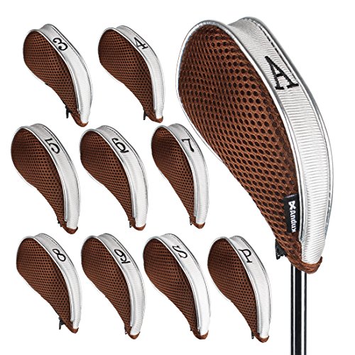 Andux Mesh Golf Iron Club Head Covers with Zipper Left and Right Handed 10pcs/Set (Coffee/Gray)