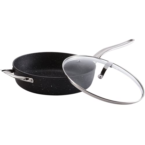 THE ROCK by Starfrit 11″ Deep Fry Pan with Glass Lid and Stainless Steel Handles, Black