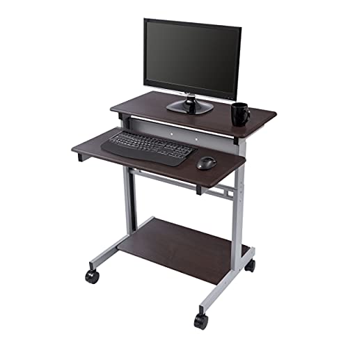 Stand Up Desk Store Rolling Adjustable Height Two Tier Standing Desk Computer Workstation (Silver Frame/Dark Walnut Top, 32″ Wide)