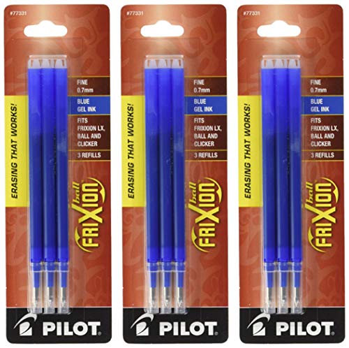 Pilot Gel Ink Refills for FriXion Erasable Gel Ink Pen, Fine Point, Blue Ink, 3 Packs 9 refills total